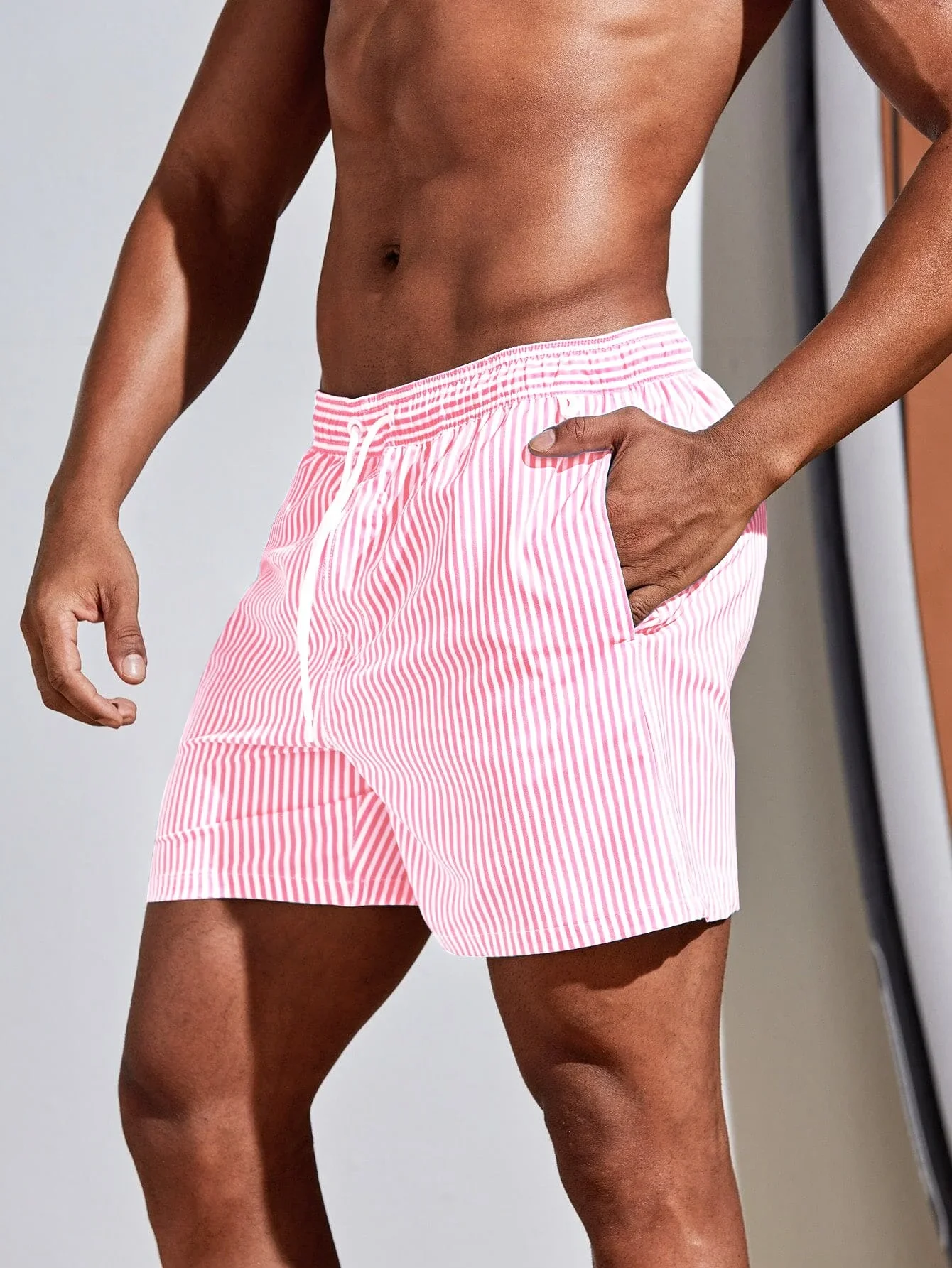 Bamboo Fiber Trunk - Men Vertical Striped Drawstring Waist Swim